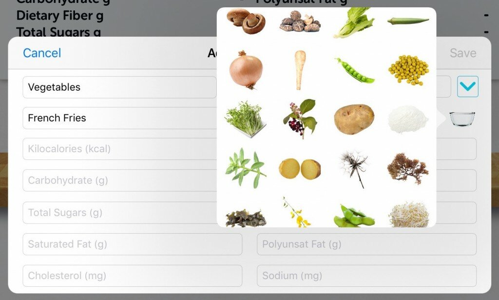 After you are done entering the food's nutritional info, select and icon for your custom food.